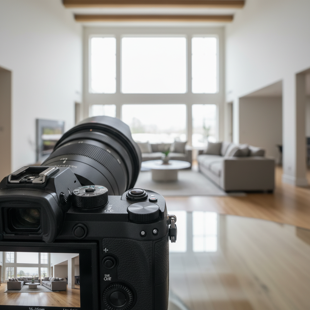 Camera composing bright living room scene for a real estate photography portfolio, showing clean lines and natural light