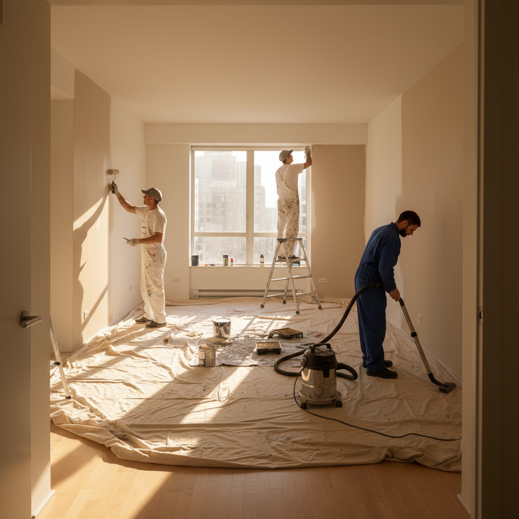 Crew painting and cleaning an empty apartment during final QA before handover