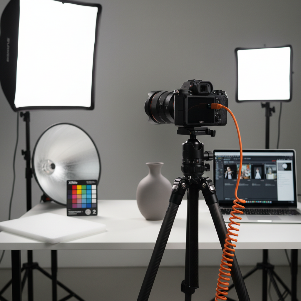 Detail view of a professional mirrorless camera tethered for commercial photography workflow, showing lighting, color control, and precision setup