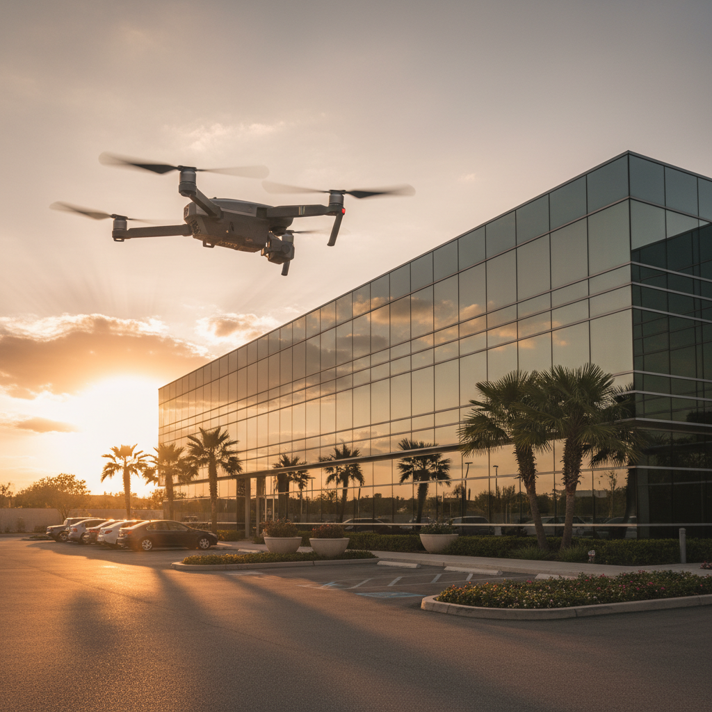 Drone capturing a contemporary commercial building at golden hour for aerial commercial photography in BC