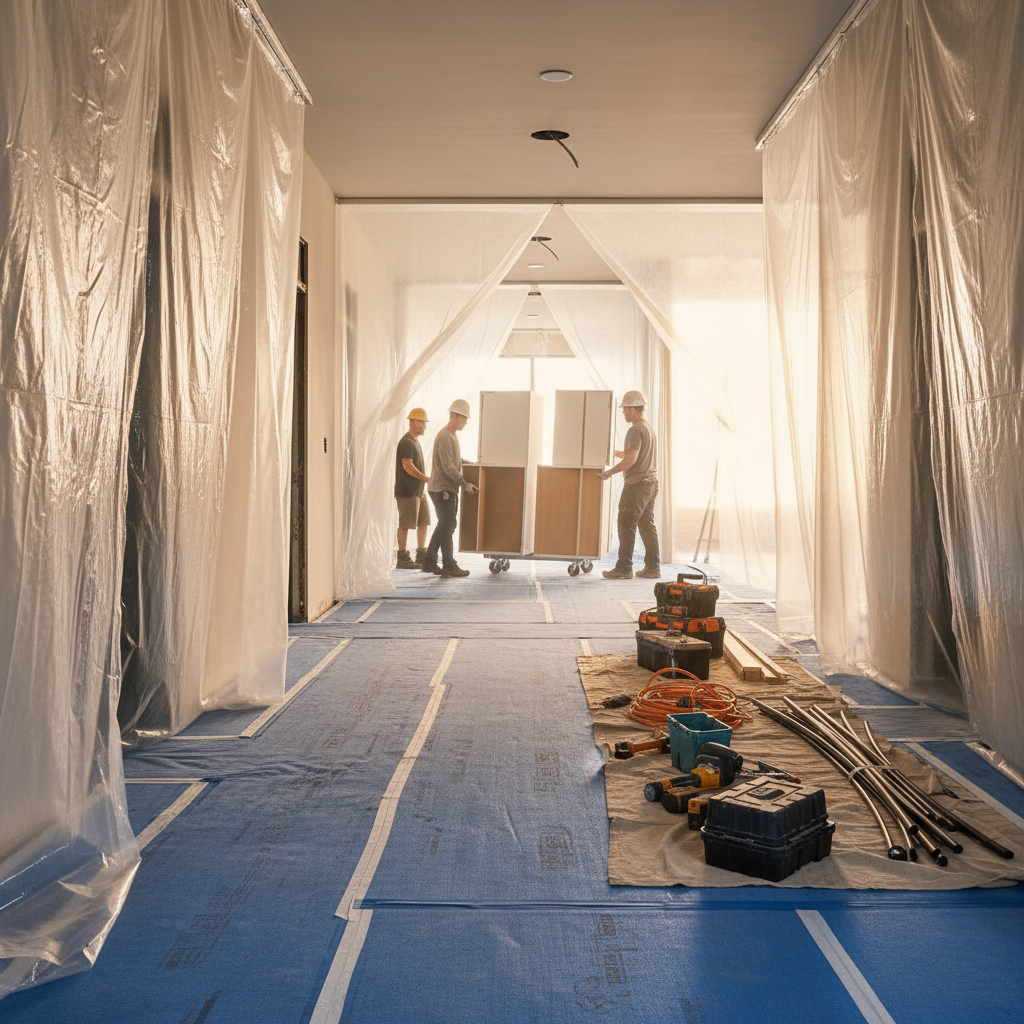 Multi-unit apartment corridor under renovation with dust barriers and cabinetry staging for efficient apartment kitchen remodel logistics