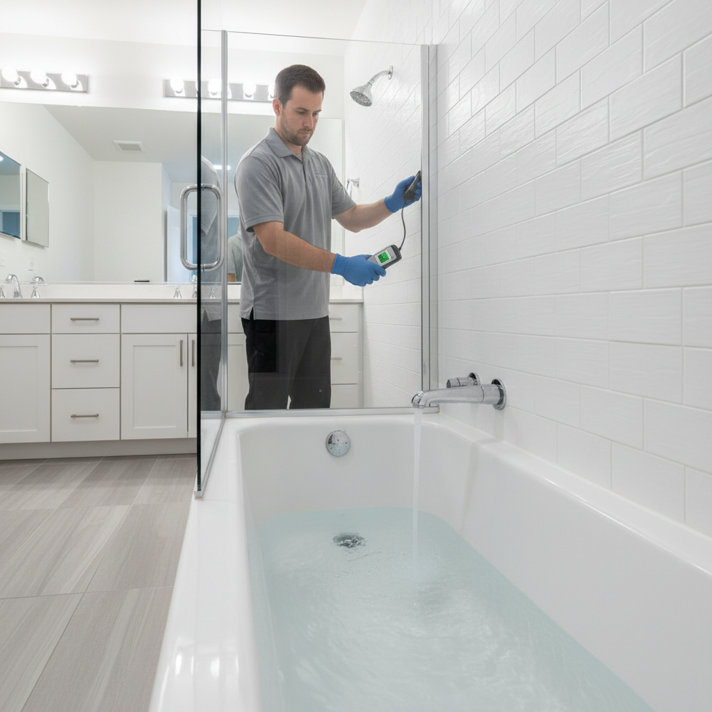 Bathroom turnover inspection with water test, drain check, and moisture meter validating tile and caulk during pre-handover