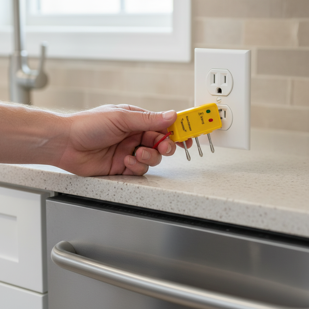 Close-up GFCI outlet tester used during unit turnover inspection to verify kitchen receptacles are safe and functional
