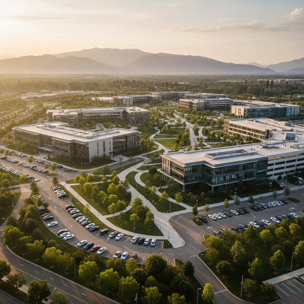 Drone view used in commercial property pictures to show business park context, access, and parking