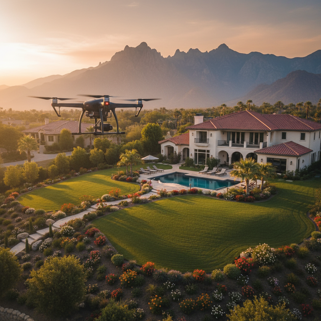 Drone capturing a suburban property at golden hour for a real estate media company aerial scene