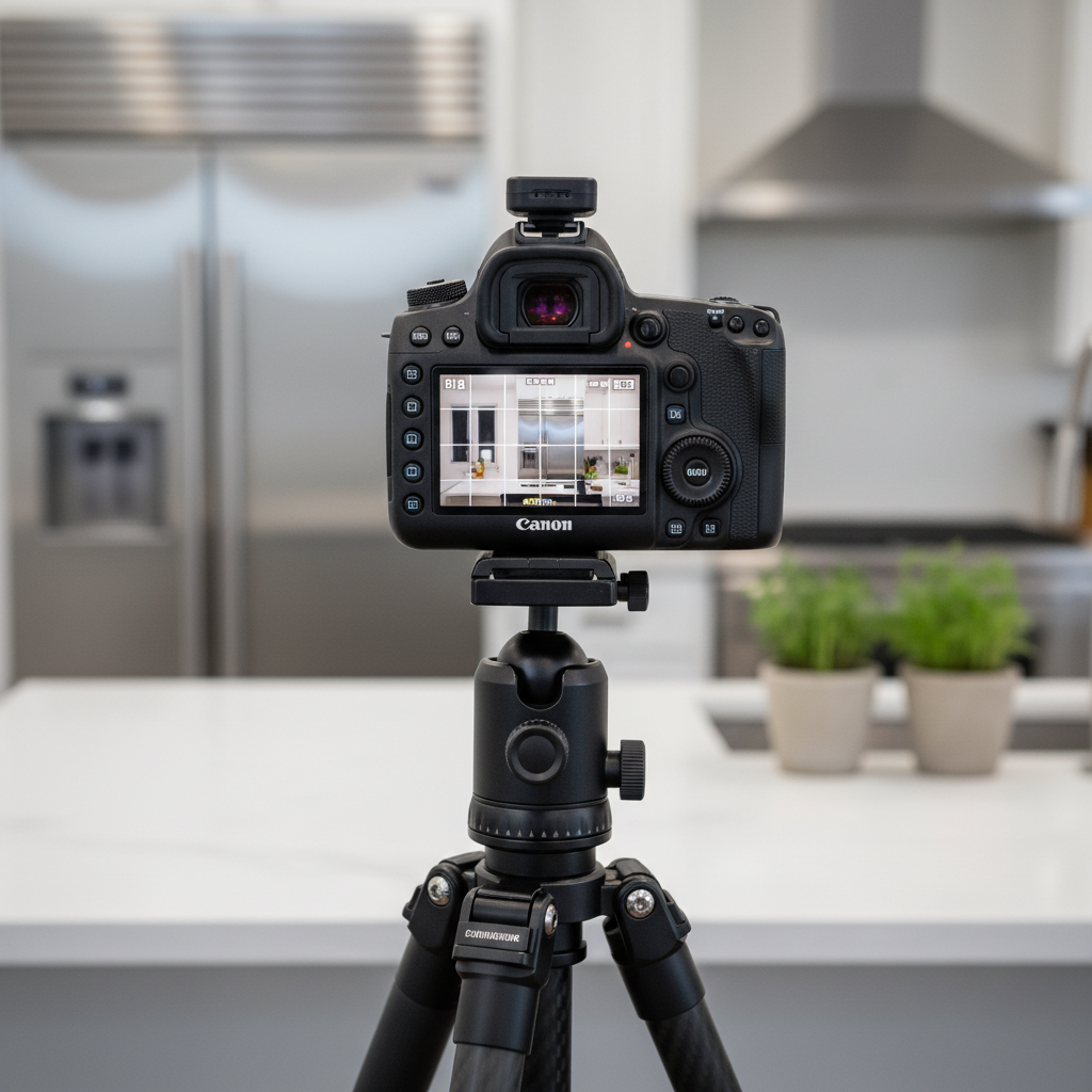 Close-up of DSLR on tripod bracketing exposures for HDR real estate photography in a modern kitchen scene