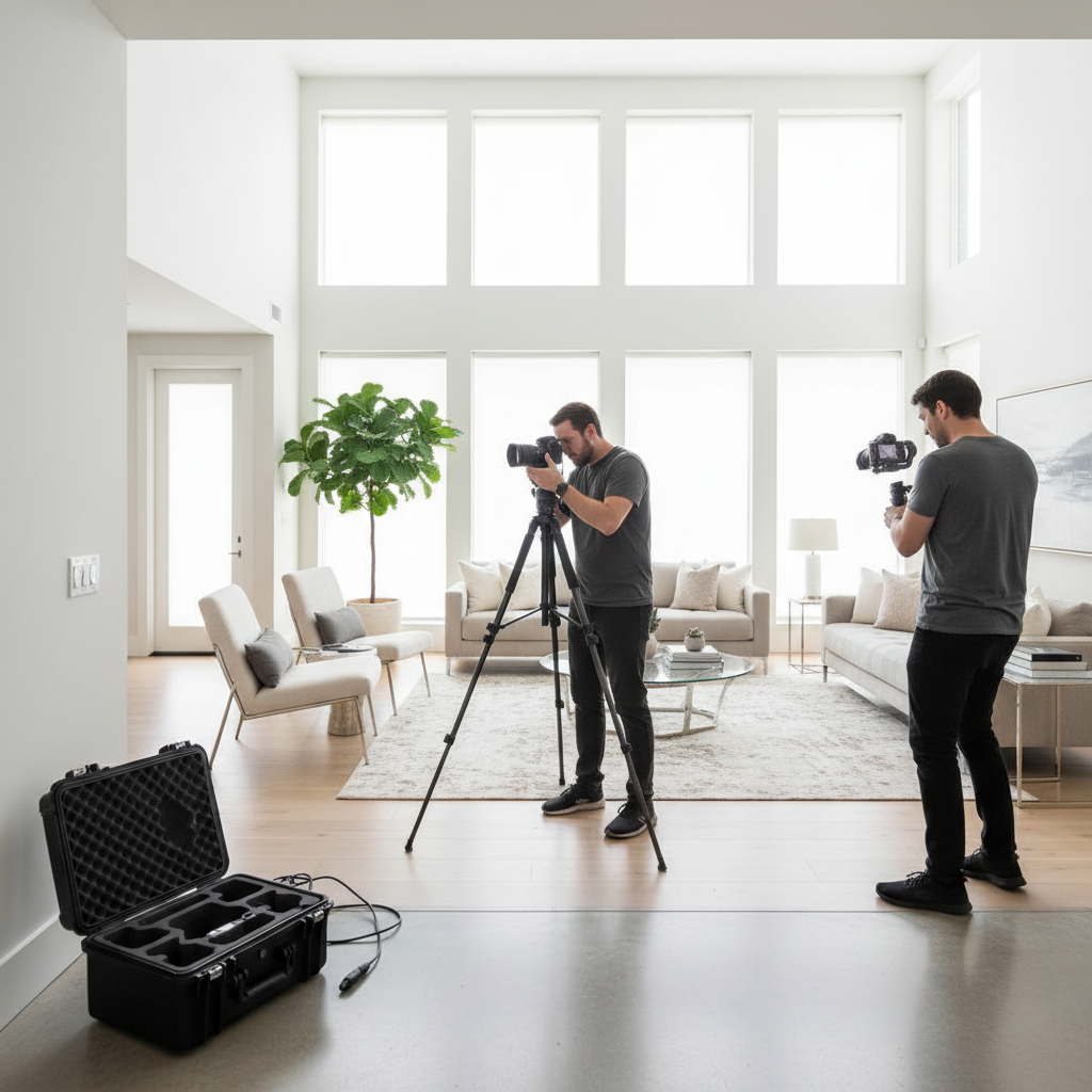 Professional real estate photography company crew at work in a bright staged interior, showcasing team, equipment, and workflow