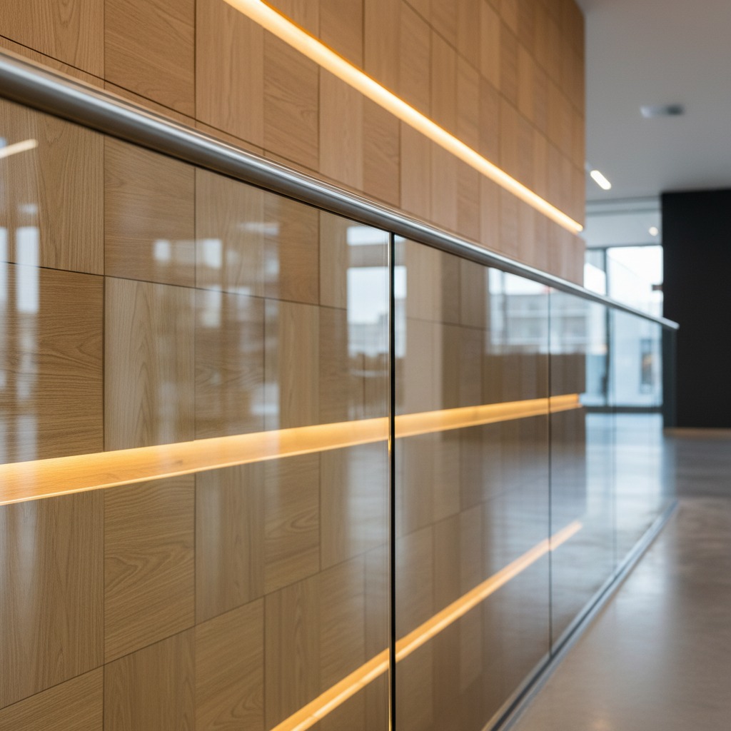 Detail photo for commercial property pictures showing stainless handrail and glass balustrade with clean lighting