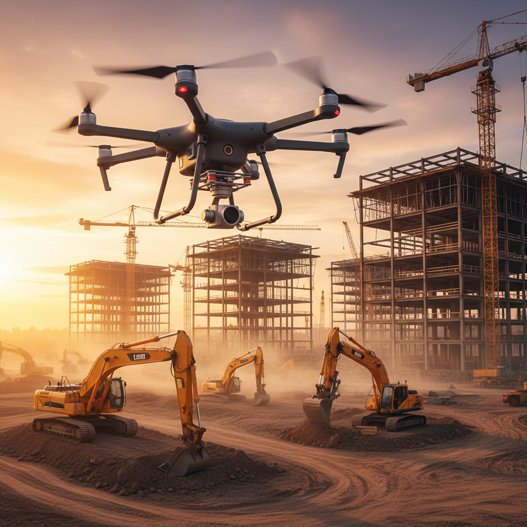 Drone capturing aerial industrial photography over active construction at golden hour