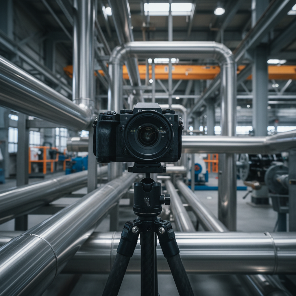 Close-up of mirrorless camera with circular polarizer aimed at reflective pipes for industrial photography