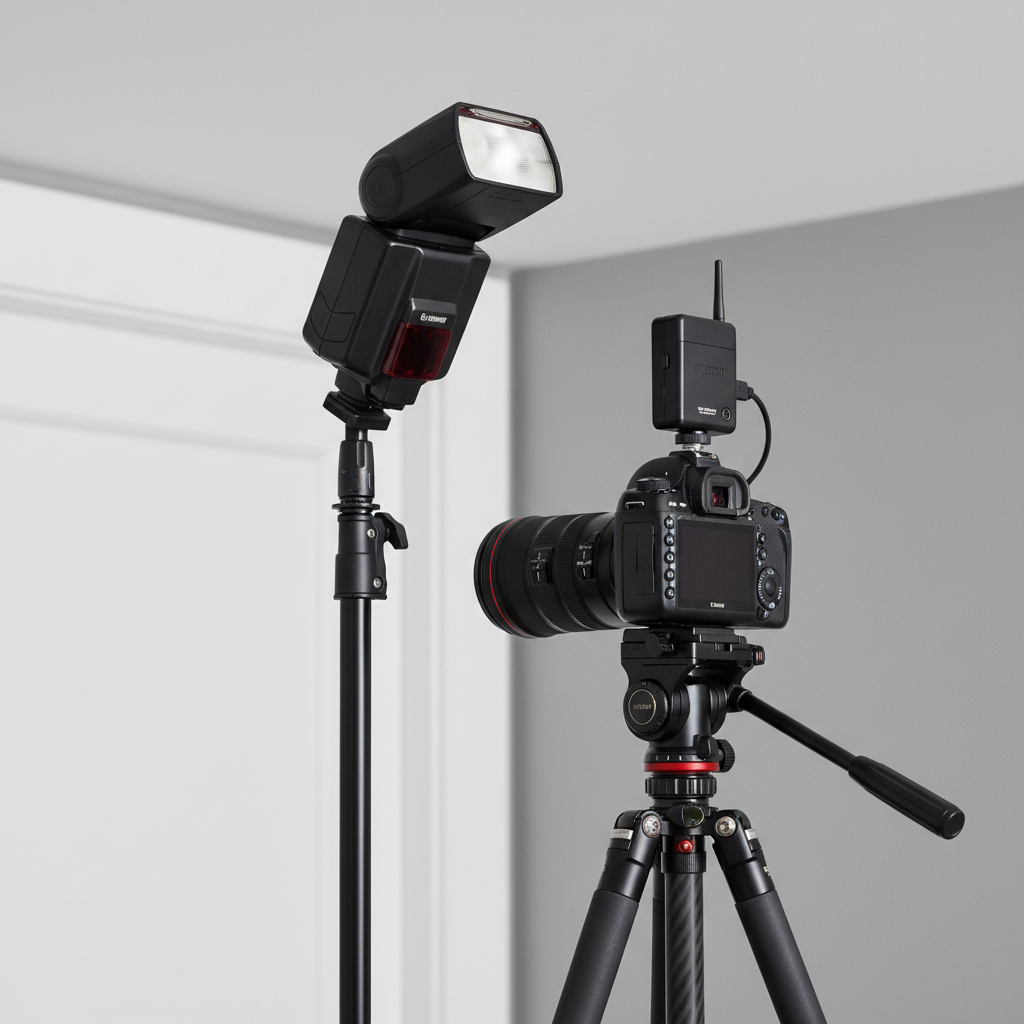 Close-up of off-camera flash and camera setup for flambient real estate photography, showing bounce technique and trigger