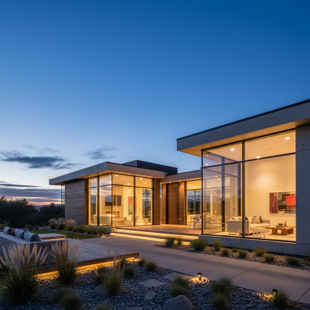 Twilight exterior of a contemporary home showing balanced interior glow, illustrating flambient style for real estate marketing