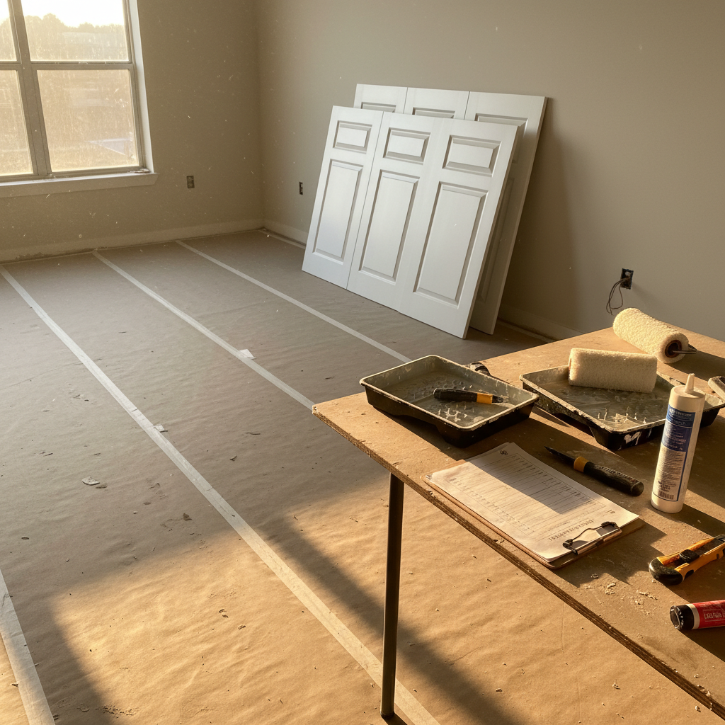 Apartment renovation walkthrough scene with checklist, rollers, and cabinet doors staged for a fast, clean turnover
