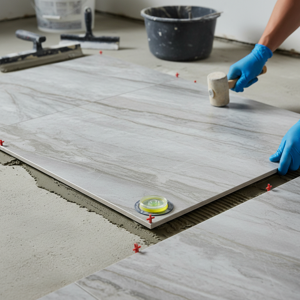 Close-up tile installation process for apartment renovation flooring and tiling in London ON units