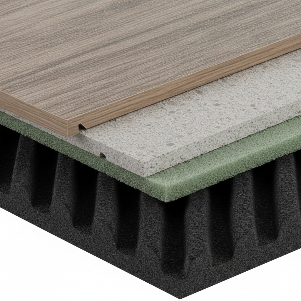 Close-up of SPC vinyl plank layers and underlayment for apartment flooring options