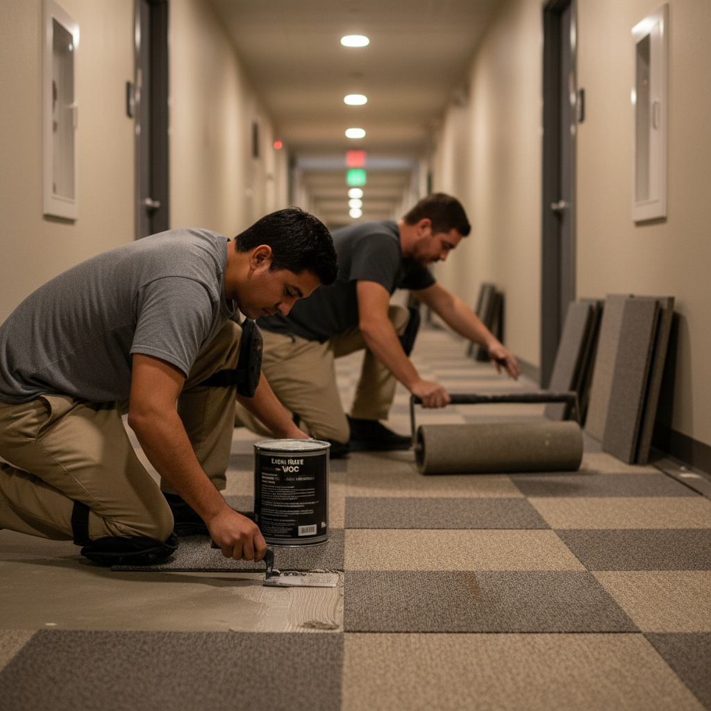 Installers placing modular carpet tiles in an apartment corridor for fast turnover