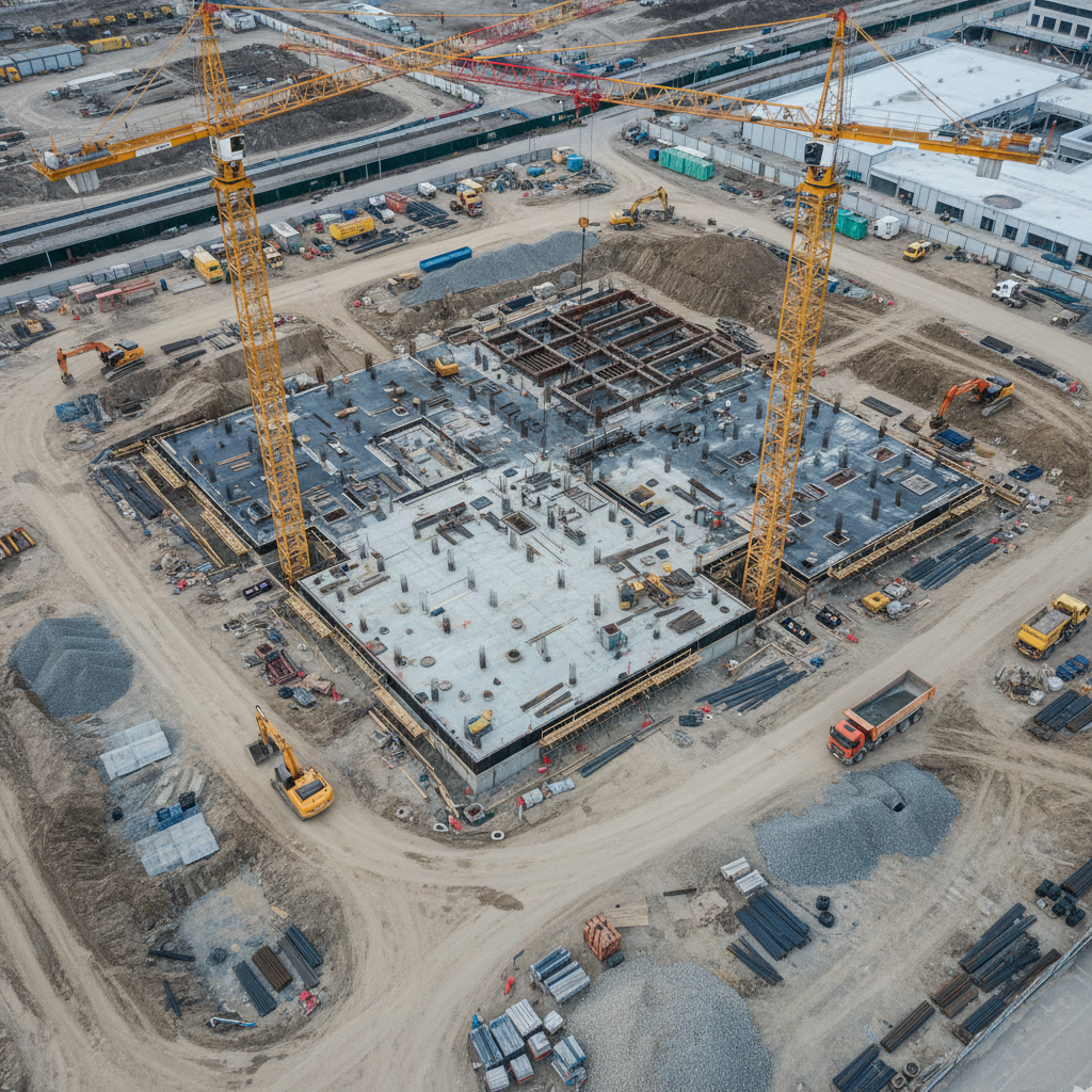 Oblique aerial of construction site progress by drone, ideal for BC development updates