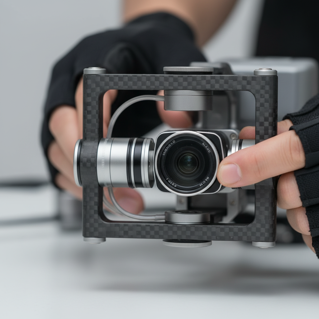 Close-up of drone camera gimbal and ND filter for drone aerial photography workflow