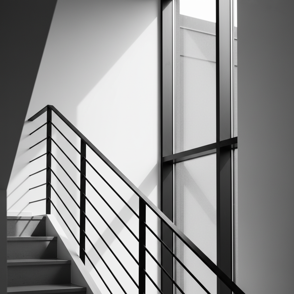 Close-up architectural detail in black-and-white real estate photography showing staircase lines and window trim with natural light and strong contrast
