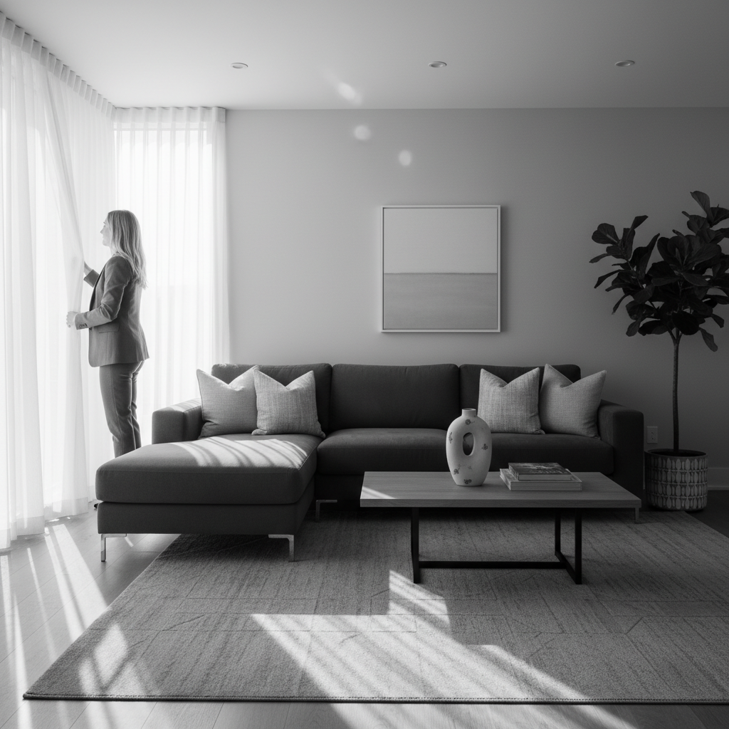 Staged living room in black-and-white with morning light, used as editorial real estate photo to emphasize lines and texture