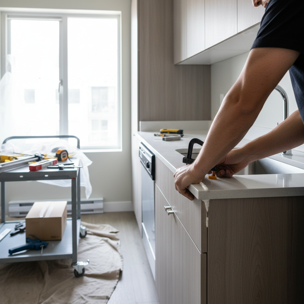 Installer aligning a miter joint during apartment kitchen countertop replacement with clamps and adhesive