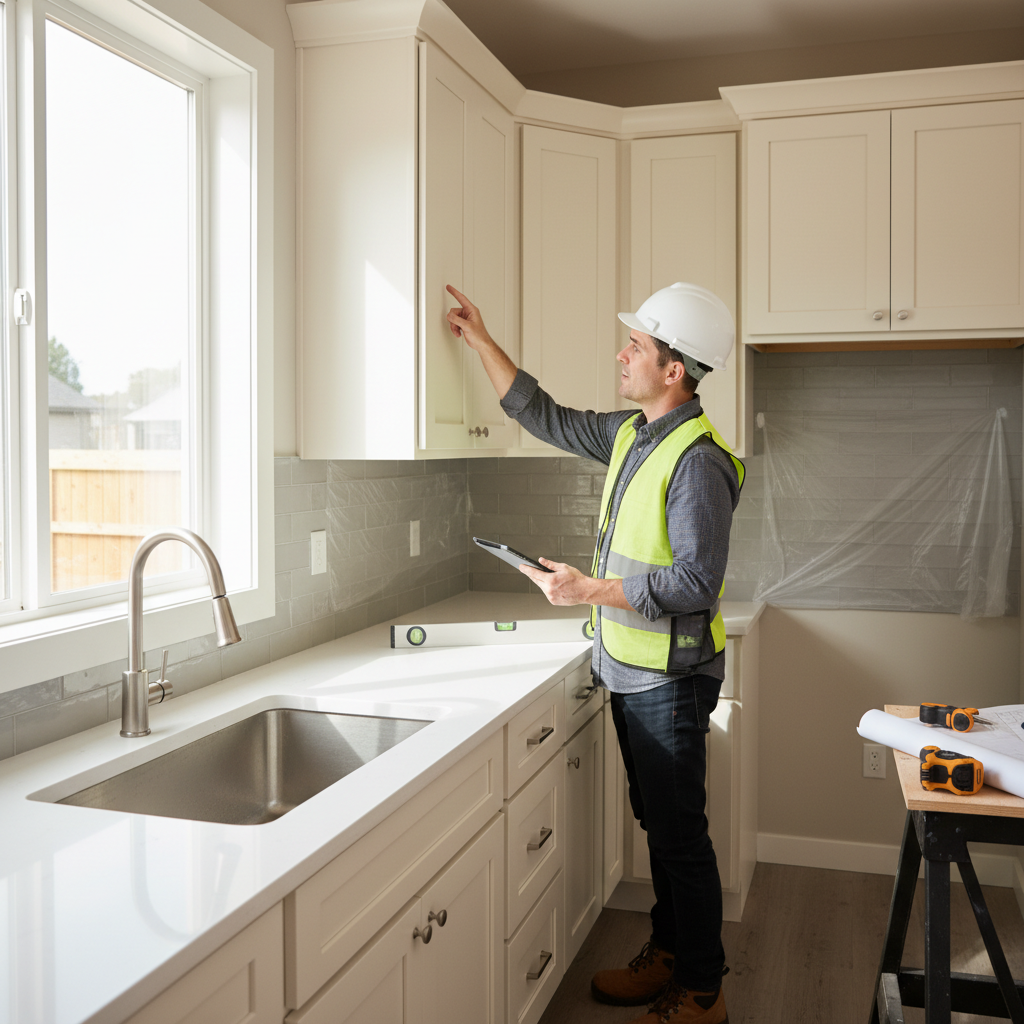 Property manager and contractor completing rental kitchen cabinet replacement punch list and QA walkthrough