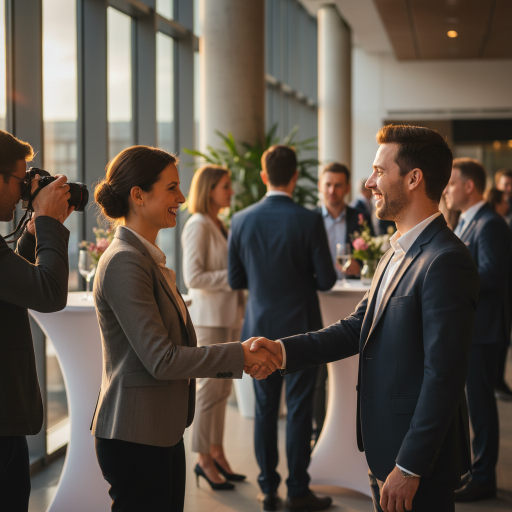 Documentary corporate event photography capturing a candid handshake and networking moment in a modern venue