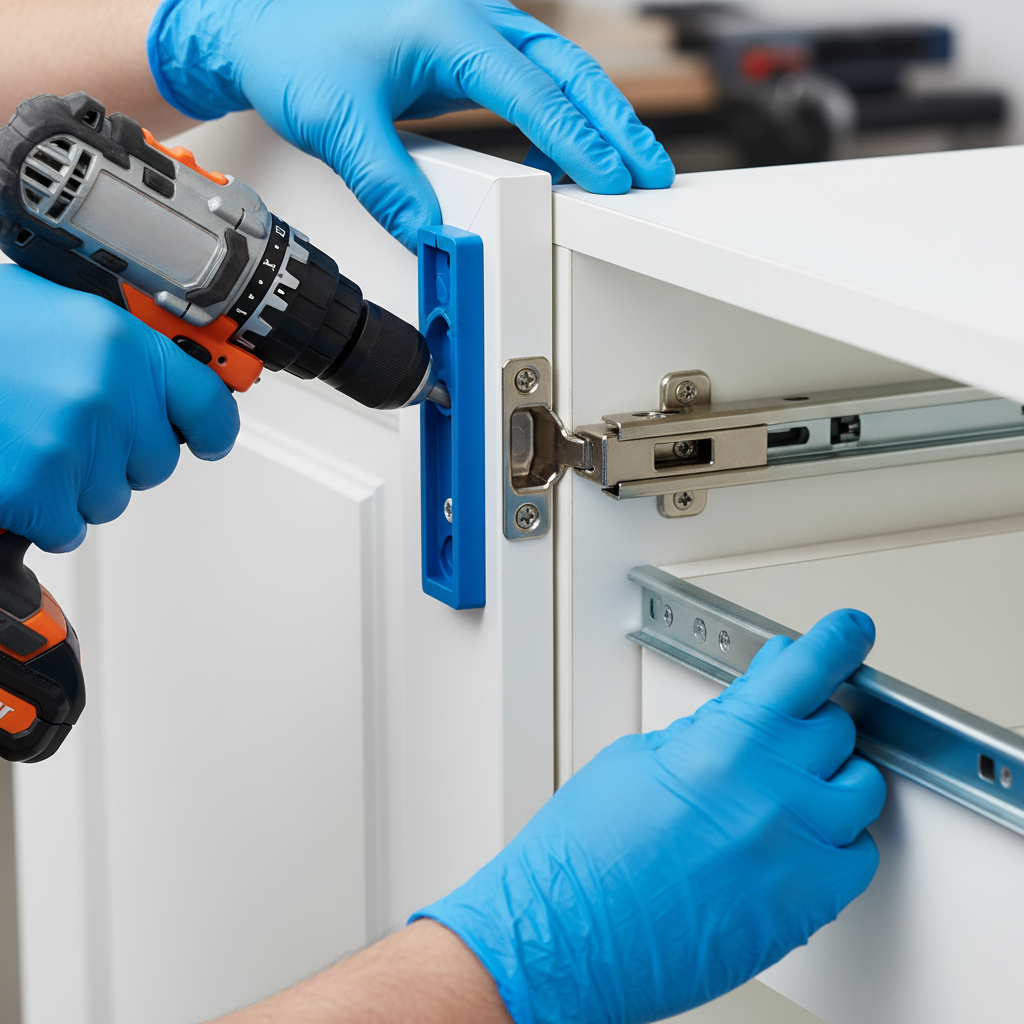 Close-up of rental cabinet replacement detail showing soft-close hinge installation for durable rental kitchen upgrades