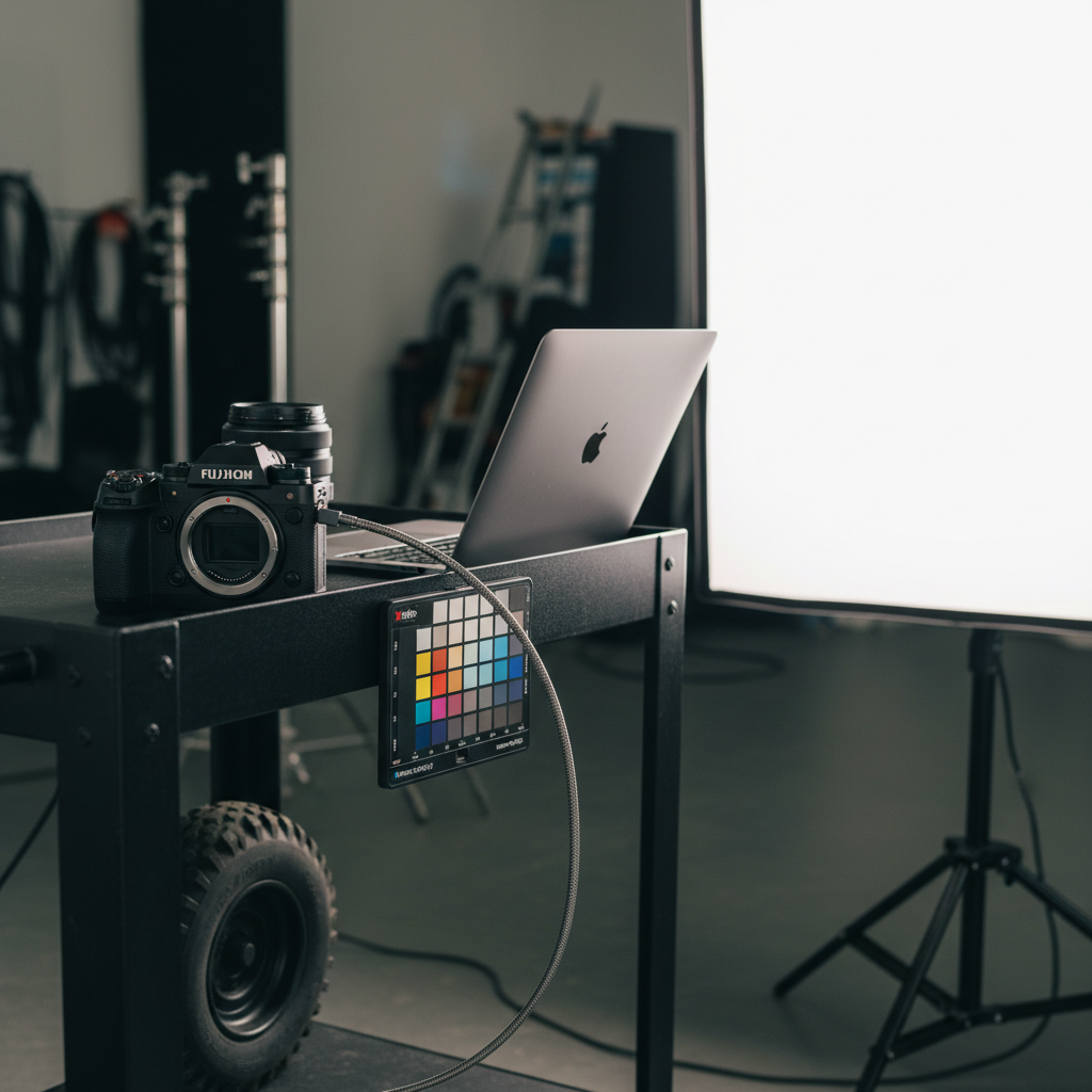 Corporate photographer gear detail: tethered mirrorless camera to laptop with color checker and softbox lighting for consistent headshots
