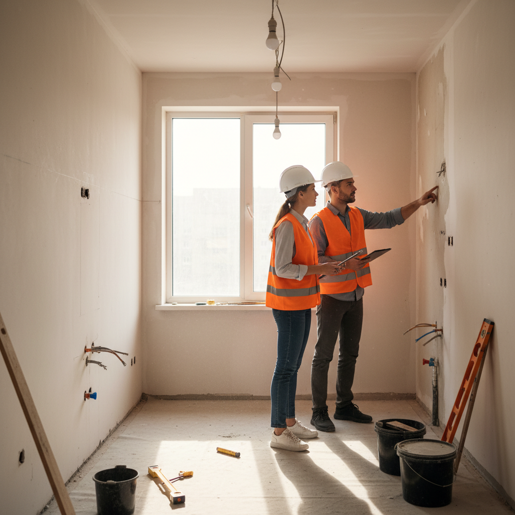 Property manager and contractor walkthrough in an apartment kitchen during remodeling, aligning scope and milestones from the proposal checklist
