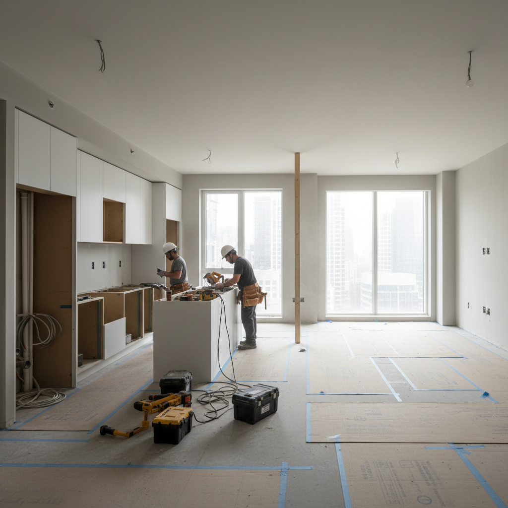 Featured overview of an apartment unit mid-remodel with open-plan kitchen installation, illustrating apartment renovation proposal checklist scope