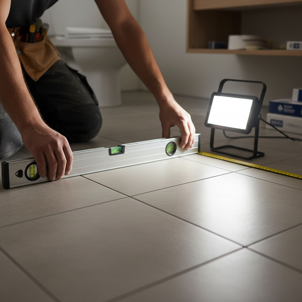 Close-up of contractor checking bathroom tile alignment and grout lines, illustrating detailed specs in an apartment renovation proposal checklist