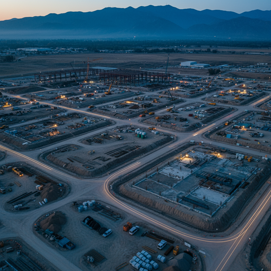 Commercial construction site captured from above with drone aerial view for progress tracking