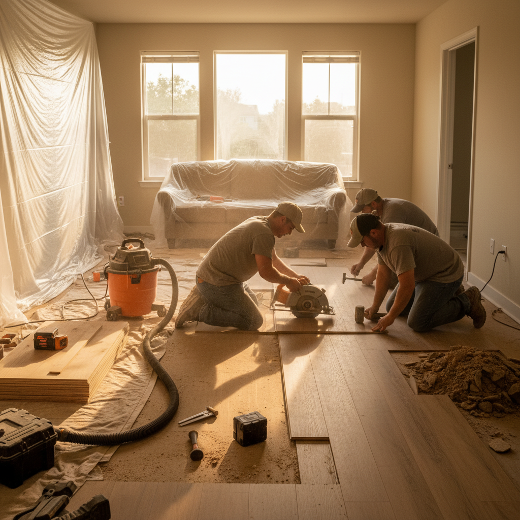 Flooring crew installing new luxury vinyl plank during a rental unit turnover to standardize finishes across apartments