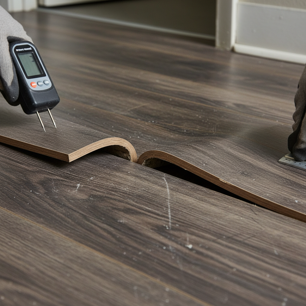 Close-up of damaged luxury vinyl plank in a rental showing swelling and edge lift, used to decide floor replacement vs repair for rentals