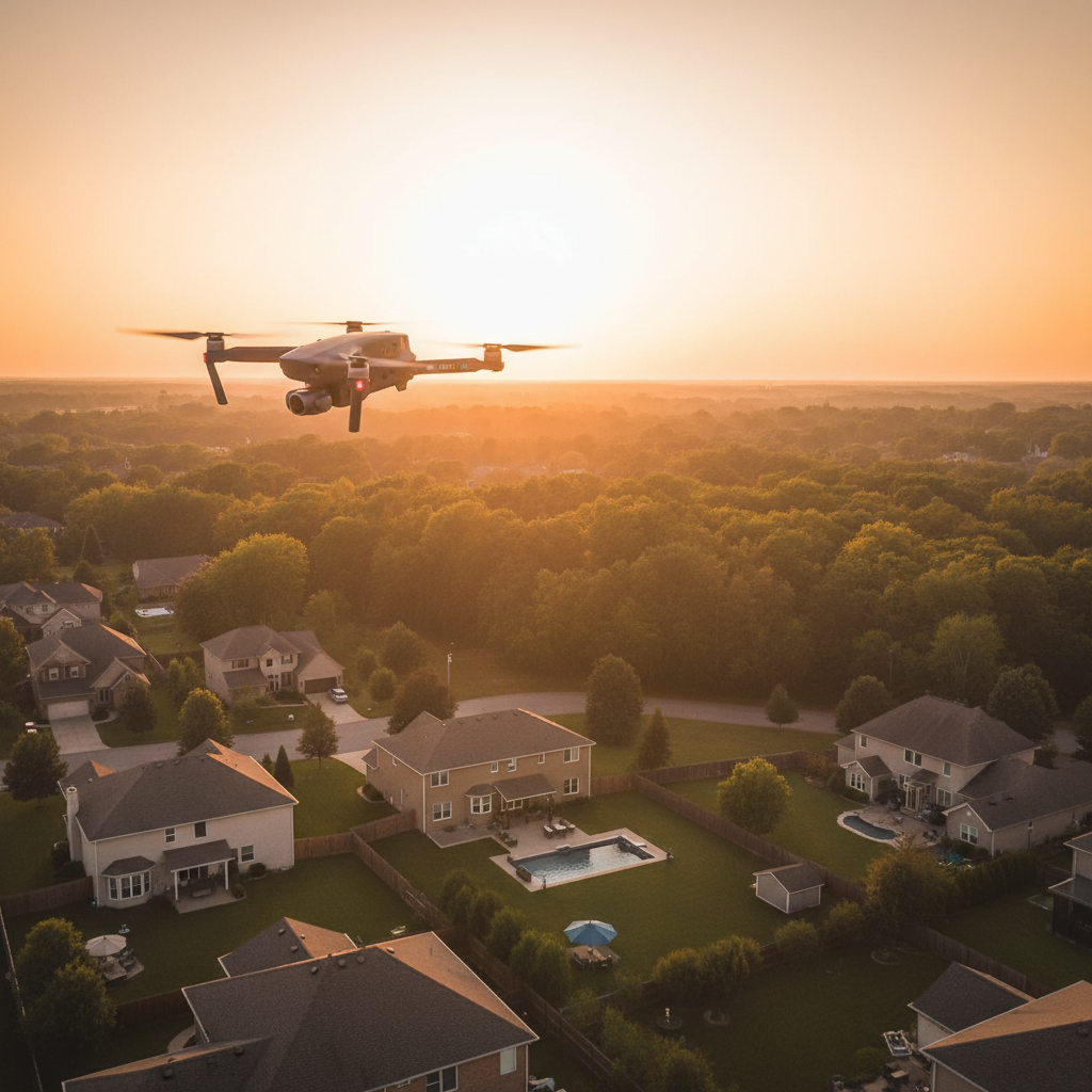 Drone aerial over suburban home near Maple Ridge showcasing realtor photography context and lot features