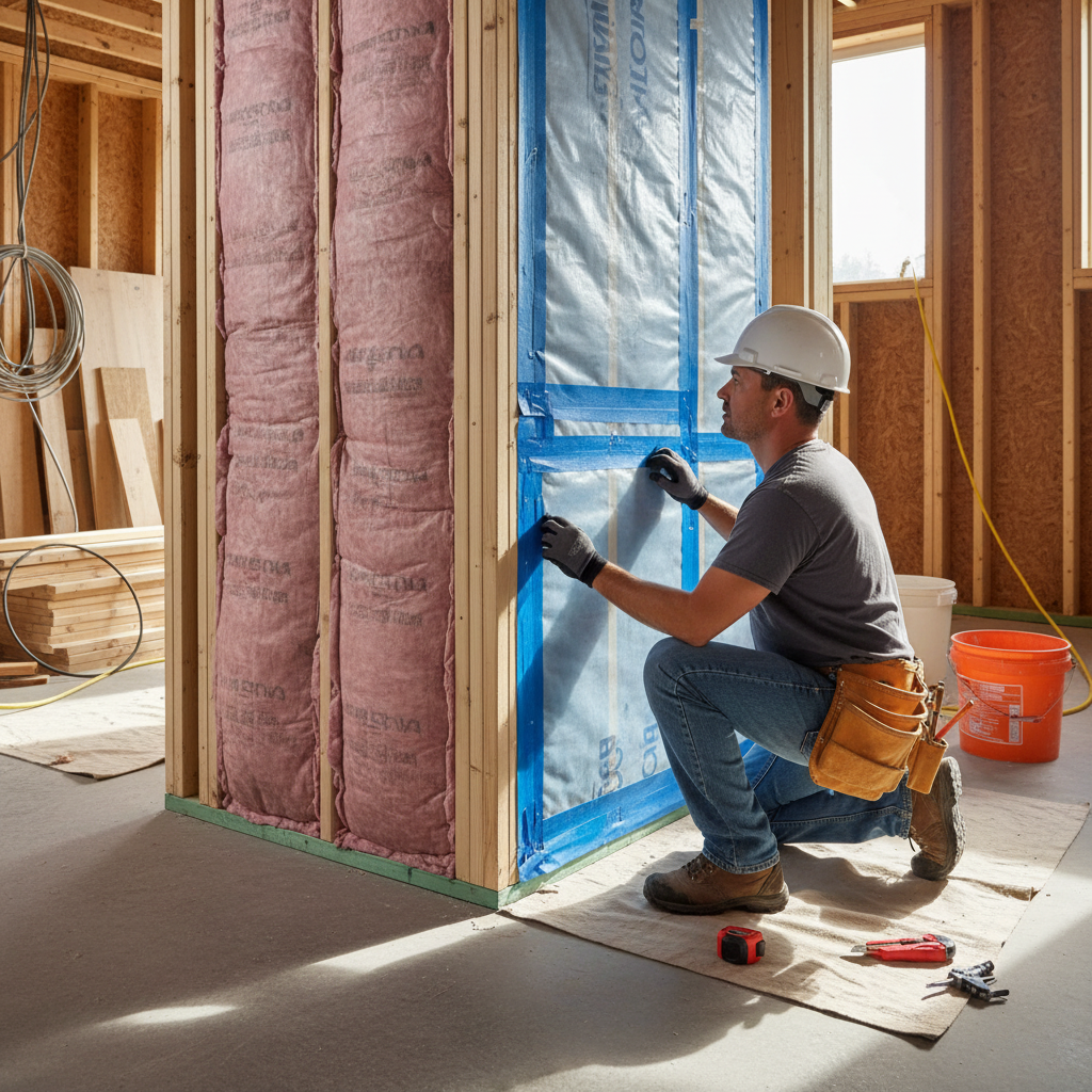 Contractor inspecting framing and vapor barrier near a new separate basement entrance in Woodstock