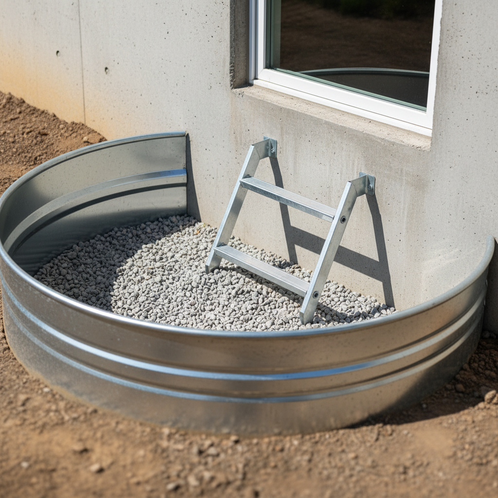Close-up of code-compliant egress window well with drainage gravel and ladder for a legal basement in Woodstock
