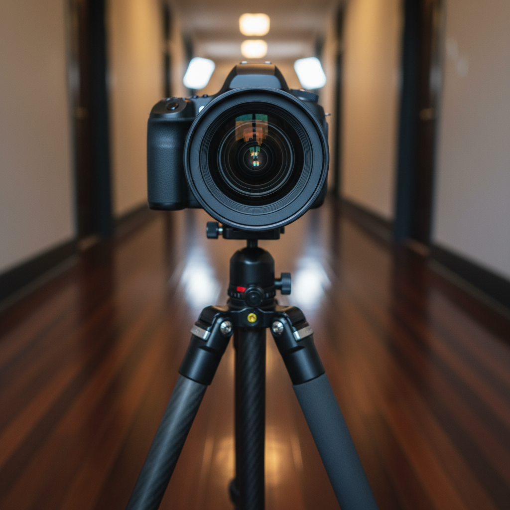 Close-up of DSLR wide-angle lens on tripod for real estate photography in Maple Ridge BC