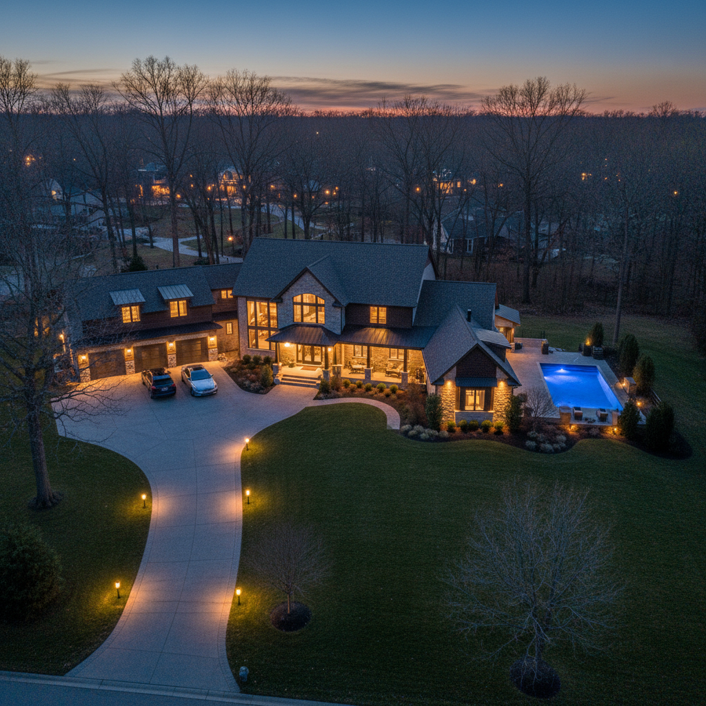 Twilight drone photo of a Maple Ridge BC home showcasing context and curb appeal