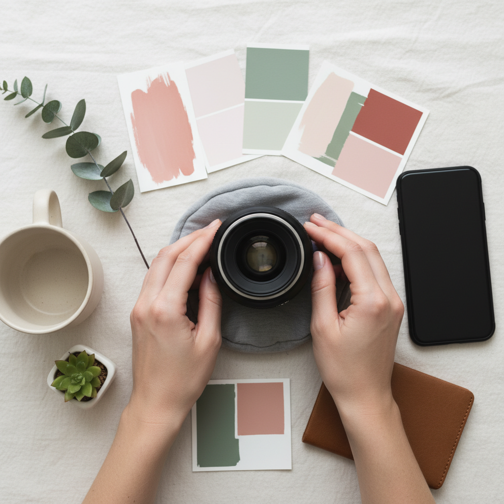 Close-up flat lay planning for social media content photography: color swatches, lens, and smartphone with camera app, styled for Instagram visuals