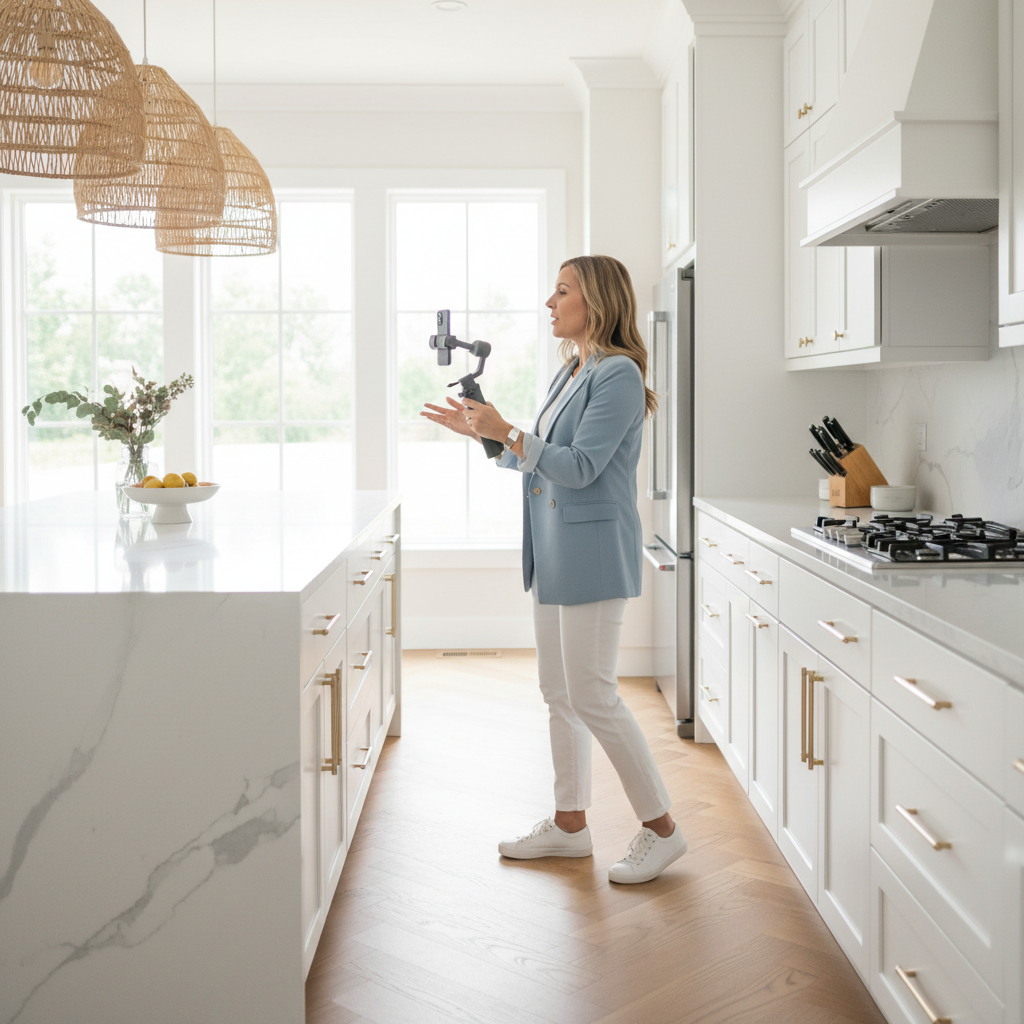 Realtor recording a vertical video walkthrough in a bright kitchen, showing 9:16 social media content photography workflow in action