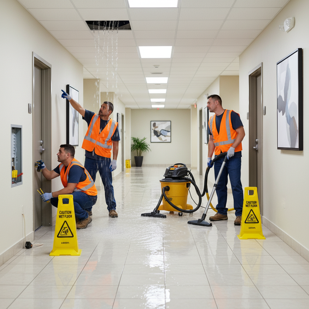 Featured image: emergency repair team in an apartment corridor executing an emergency repair checklist for apartment buildings