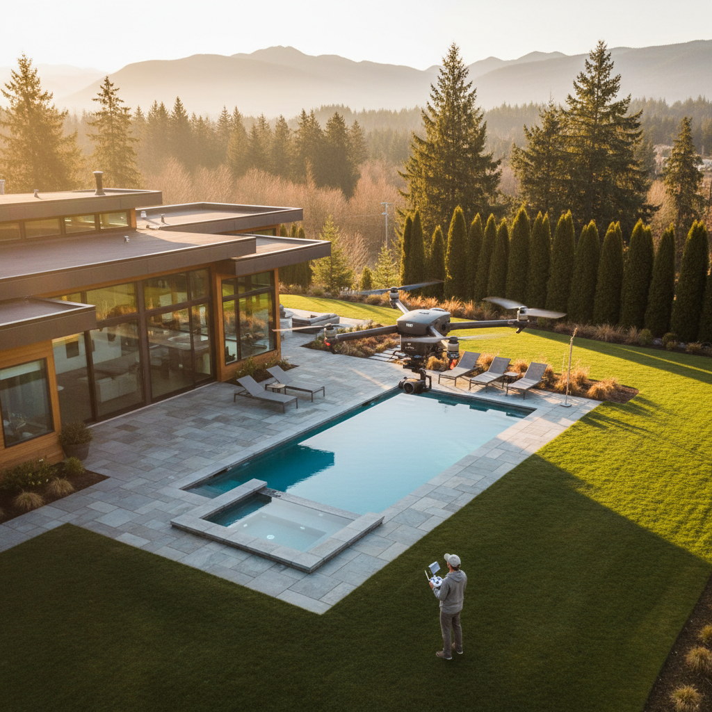Drone imaging real estate shoot in progress with operator and hovering drone over modern home in Pacific Northwest setting