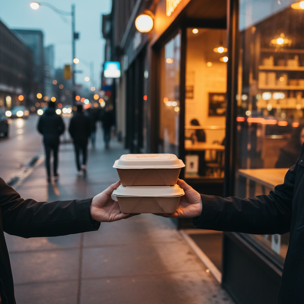 Eco-friendly Mexican takeout containers being handed to a customer on Queen Street West for a family dinner plan