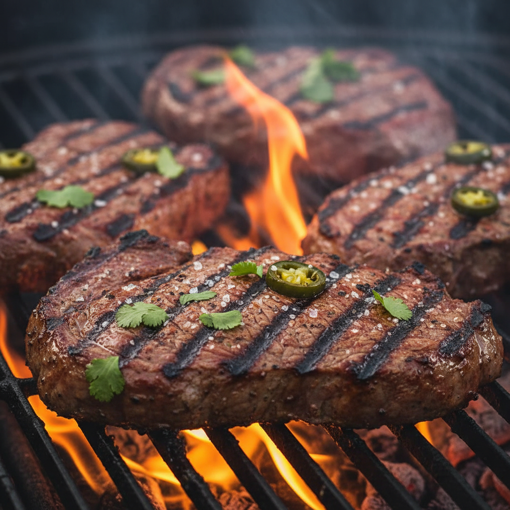 Close-up of sizzling carne asada on the grill for Mexican grill lunch and dinner ideas