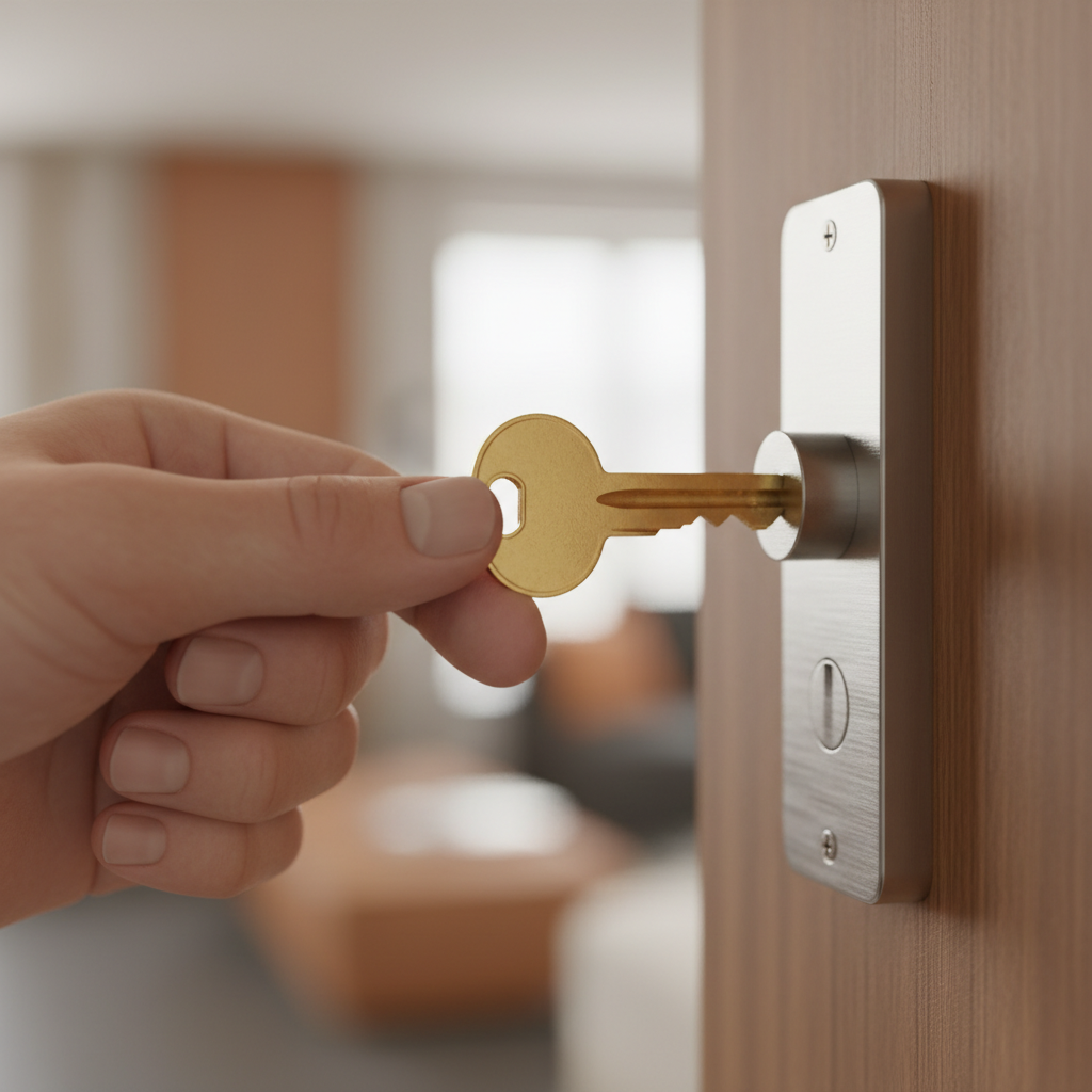 Close-up of a new apartment key turning in lock, symbolizing securing an apartment listing in Canada with Houseup