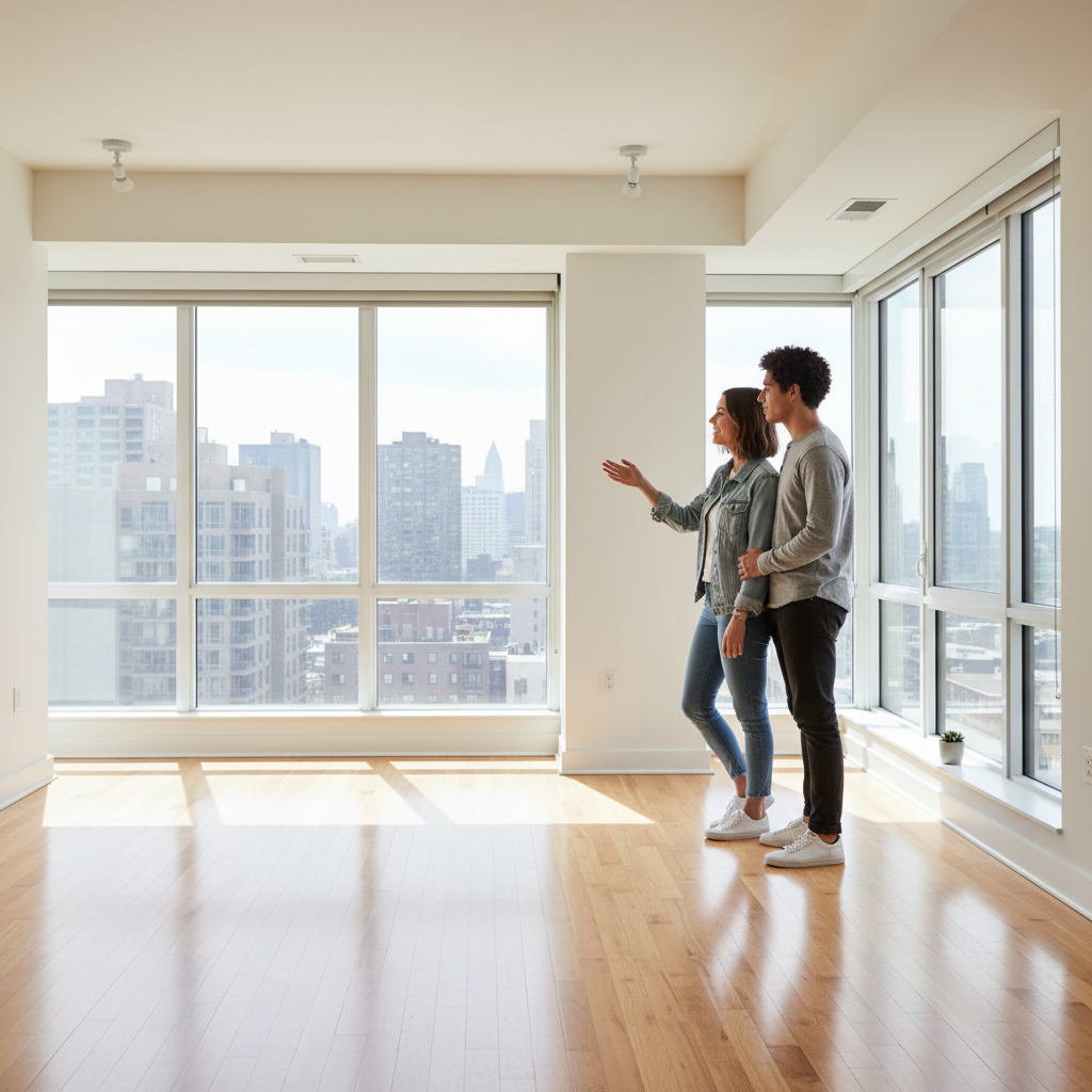 Couple touring a bright unfurnished apartment in Canada after shortlisting apartment listings on Houseup