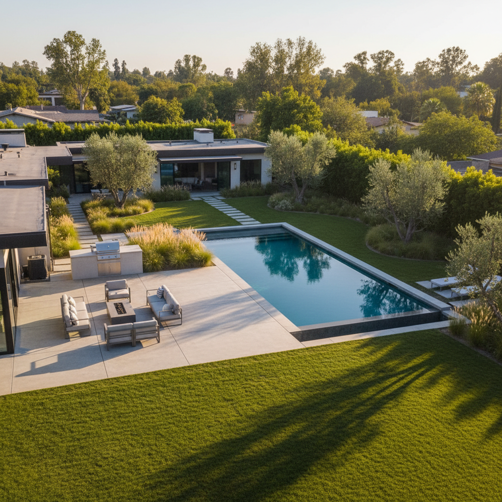 Aerial scene of a contemporary backyard with patio and pool captured by a drone for real estate marketing