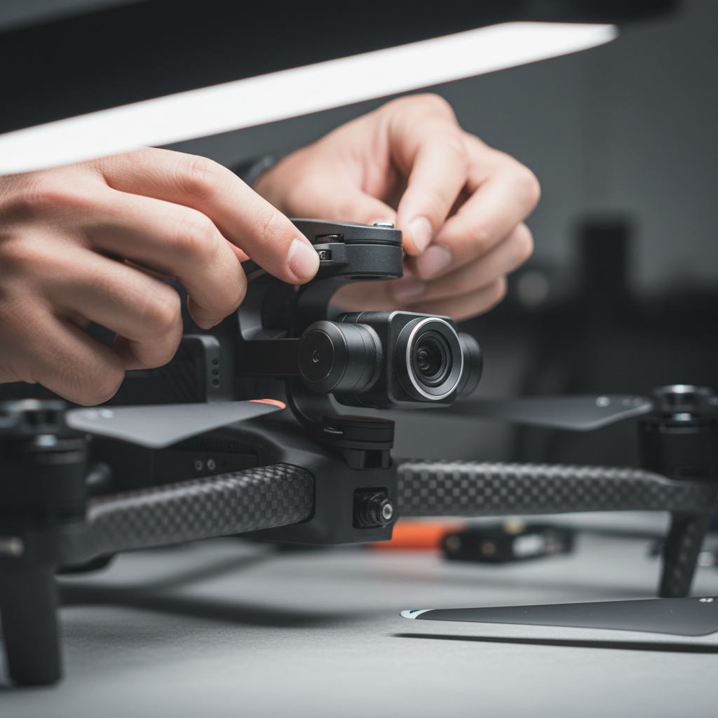 Close-up of professional drone gimbal and prop arms inspected before flight for real estate drone photography